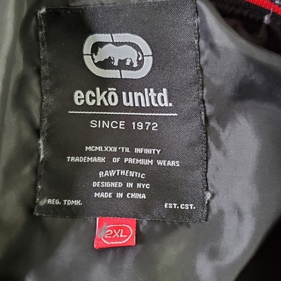 Ecko Unlimited Big Logo Bomber Jacket 2XL Rhino Spell Out Snap Front Y2K Satiny - Picture 13 of 14